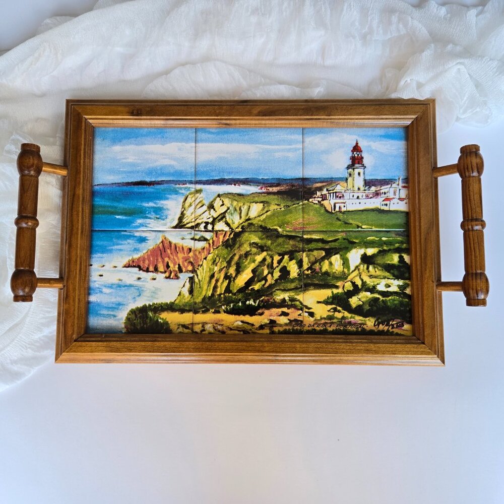 Vintage Portugal Tile Tray with Lighthouse Scene – Handled Wooden Serving Tray